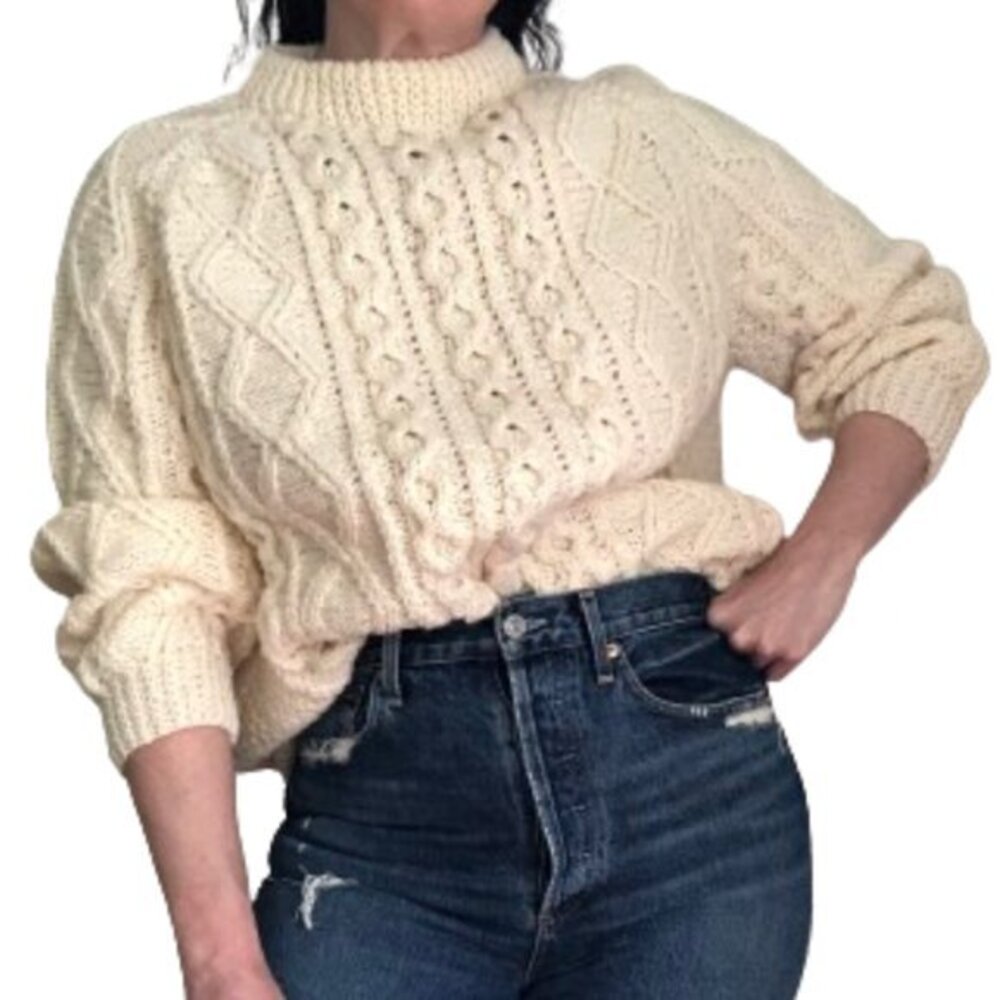 Vintage Pure Wool Irish Fisherman Cable Knit Aran Crewneck Sweater Rita Condron